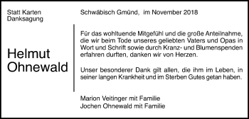 Traueranzeige von Helmut Ohnewald von Gmünder Tagespost