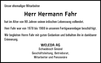 Traueranzeige von Hermann Fahr von Gmünder Tagespost