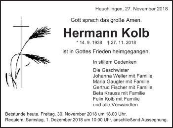 Traueranzeige von Hermann Kolb von Gmünder Tagespost