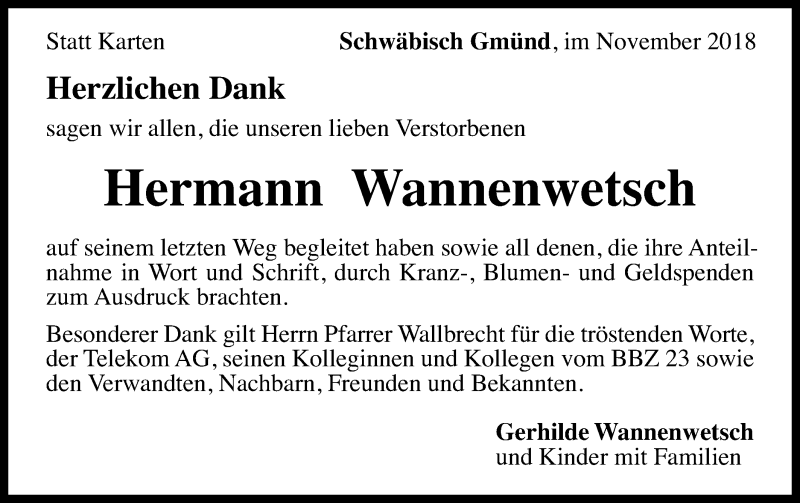  Traueranzeige für Hermann Wannenwetsch vom 10.11.2018 aus Gmünder Tagespost