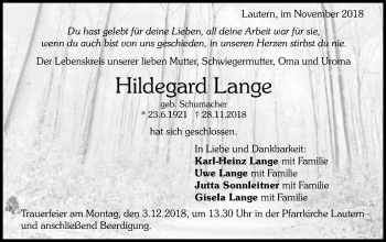 Traueranzeige von Hildegard Lange von Gmünder Tagespost
