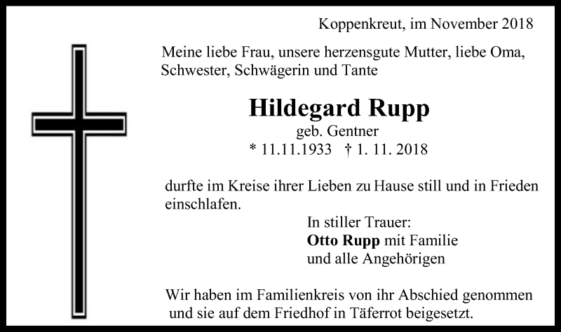  Traueranzeige für Hildegard Rupp vom 10.11.2018 aus Gmünder Tagespost