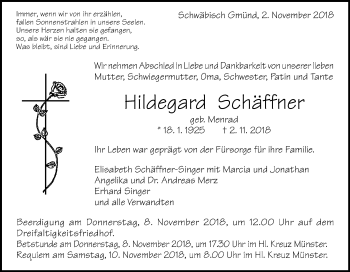 Traueranzeige von Hildegard Schäffner von Gmünder Tagespost