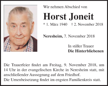 Traueranzeige von Horst Joneit von Schwäbische Post