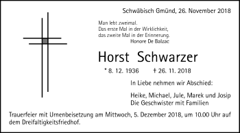 Traueranzeige von Horst Schwarzer von Gmünder Tagespost