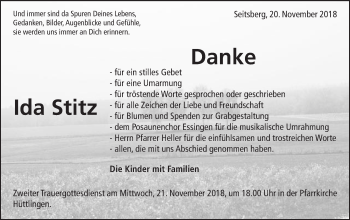 Traueranzeige von Ida Stitz von Schwäbische Post