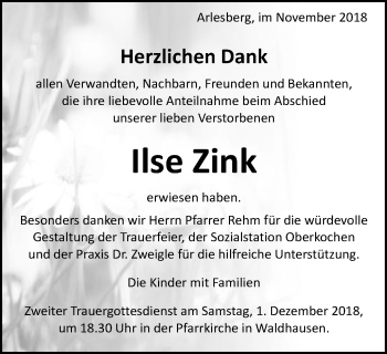 Traueranzeige von Ilse Zink von Schwäbische Post