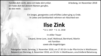 Traueranzeige von Ilse Zink von Schwäbische Post