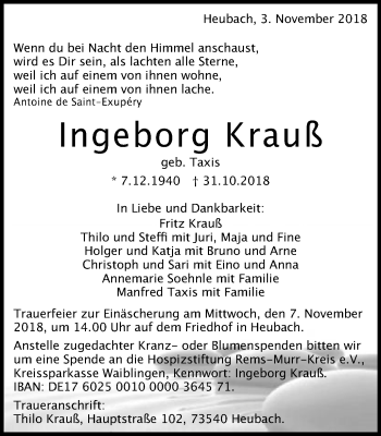 Traueranzeige von Ingeborg Krauß von Schwäbische Post