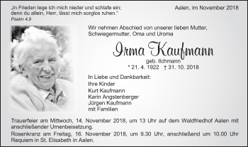 Traueranzeige von Irma Kaufmann von Schwäbische Post