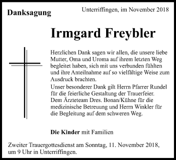 Traueranzeige von Irmgard Freybler von Bopfinger Stadtanzeiger