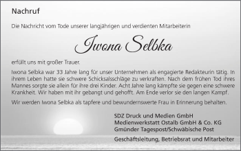 Traueranzeige von Iwona Selbka von Gmünder Tagespost