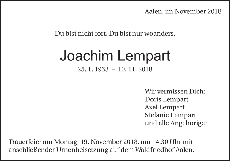  Traueranzeige für Joachim Lempart vom 16.11.2018 aus Schwäbische Post