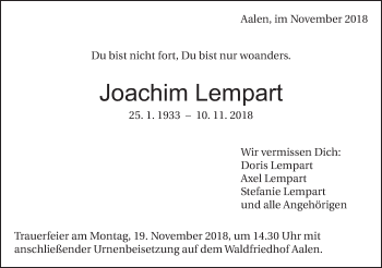 Traueranzeige von Joachim Lempart von Schwäbische Post