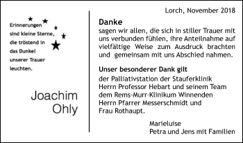 Traueranzeige von Joachim Ohly von Gmünder Tagespost