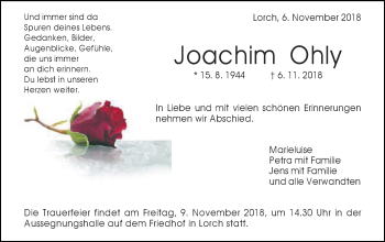 Traueranzeige von Joachim Ohly von Gmünder Tagespost