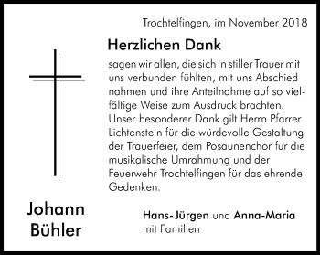 Traueranzeige von Johann Bühler von Schwäbische Post