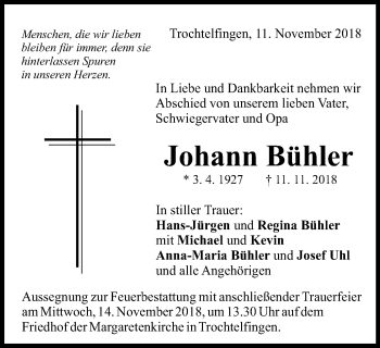 Traueranzeige von Johann Bühler von Schwäbische Post