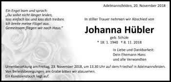 Traueranzeige von Johanna Hübler von Schwäbische Post