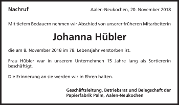 Traueranzeige von Johanna Hübler von Schwäbische Post
