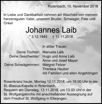 Traueranzeige von Johannes Laib von Schwäbische Post