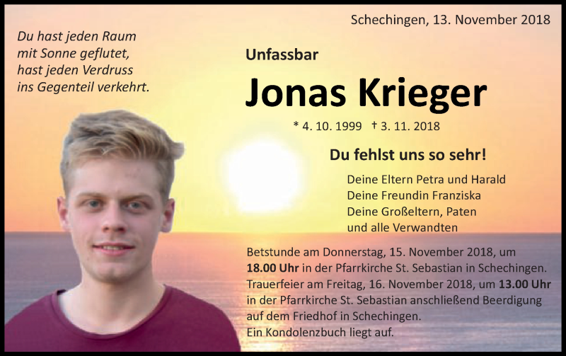  Traueranzeige für Jonas Krieger vom 13.11.2018 aus Schwäbische Post