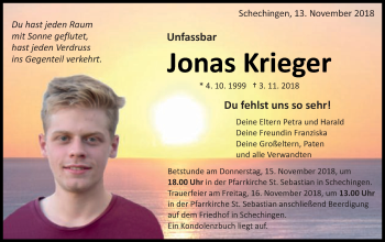 Traueranzeige von Jonas Krieger von Schwäbische Post