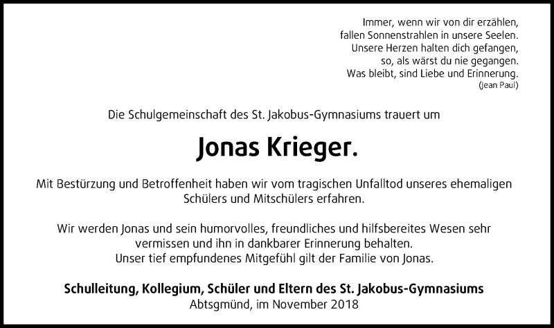  Traueranzeige für Jonas Krieger vom 14.11.2018 aus Schwäbische Post