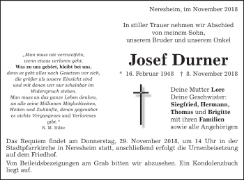 Traueranzeige von Josef Durner von Schwäbische Post