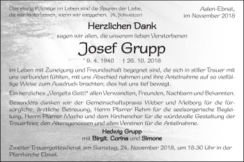 Traueranzeige von Josef Grupp von Schwäbische Post