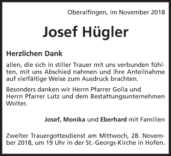 Traueranzeige von Josef Hügler von Schwäbische Post