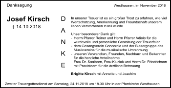 Traueranzeige von Josef Kirsch von Schwäbische Post