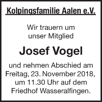 Traueranzeige von Josef Vogel von Schwäbische Post