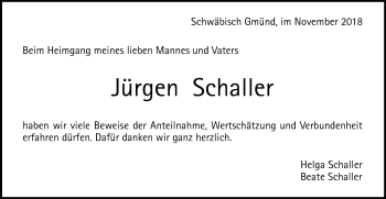 Traueranzeige von Jürgen Schaller von Gmünder Tagespost
