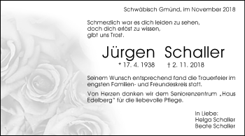 Traueranzeige von Jürgen Schaller von Gmünder Tagespost