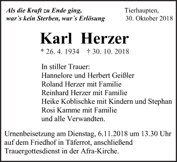 Traueranzeige von Karl Herzer von Gmünder Tagespost