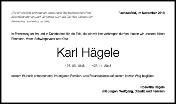 Traueranzeige von Karl Hägele von Schwäbische Post