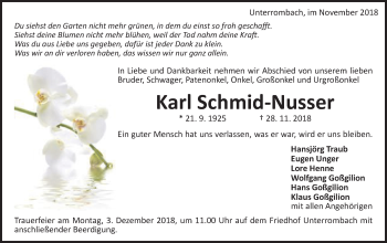 Traueranzeige von Karl Schmid-Nusser von Schwäbische Post