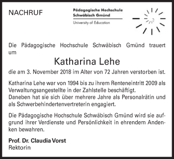 Traueranzeige von Katharina Lehe von Gmünder Tagespost