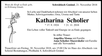 Traueranzeige von Katharina Scholier von Gmünder Tagespost