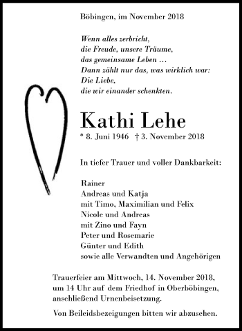Traueranzeige von Kathi Lehe von Gmünder Tagespost