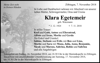 Traueranzeige von Klara Egetemeir von Schwäbische Post