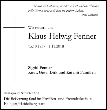 Traueranzeige von Klaus-Helwig Fenner von Schwäbische Post