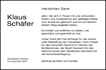 Traueranzeige von Klaus Schäfer von Gmünder Tagespost