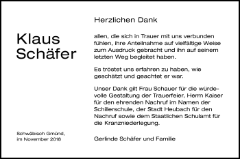 Traueranzeige von Klaus Schäfer