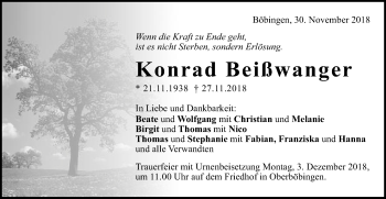 Traueranzeige von Konrad Beißwanger von Gmünder Tagespost