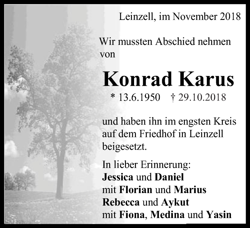  Traueranzeige für Konrad Karus vom 07.11.2018 aus Gmünder Tagespost