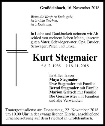 Traueranzeige von Kurt Stegmaier von Gmünder Tagespost