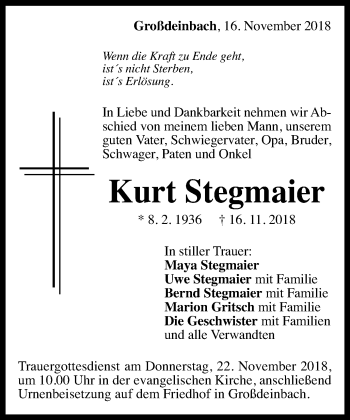 Traueranzeige von Kurt Stegmaier