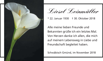 Traueranzeige von Liesel Leinmüller von Gmünder Tagespost